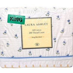 LAURA ASHLEY King Flat Sheet Emilie Blue White Floral 100% Luxury Cotton NWT